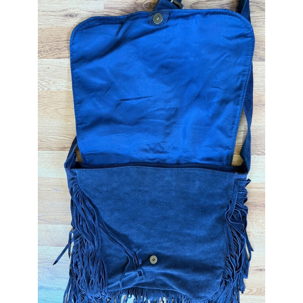 RAJ Anthropologie Genuine Leather Suede Fringe Crossbody Bag Navy Blue Boho - Picture 3 of 9